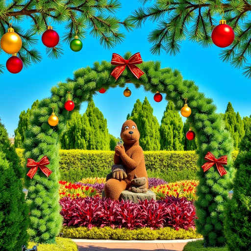 Create an image of a beautifully decorated outdoor archway surrounded by lush greenery. The archway should be adorned with colorful Christmas ornaments in red, green, and gold, hanging from pine branches above. The background should feature a well-manicured garden with vibrant plants under a clear blue sky.