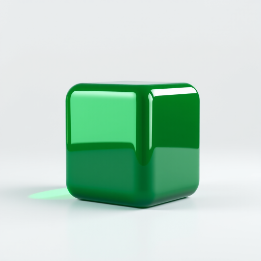 Create a 3D rendering of a glossy green cube with reflections and shadows, using a Canon EOS R5 with a 50mm f/1.8 lens, aperture set to f/4, ISO 100, in a studio setting with softbox lighting for enhanced clarity and texture.