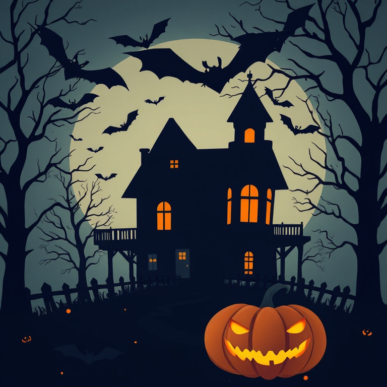 haunted house illustration with a pumpkin in the foreground, bats flying around, minimalistic style, high contrast colors, shot with a DSLR camera, aperture f/2.8, ISO 100, 50mm lens, natural light, soft focus background