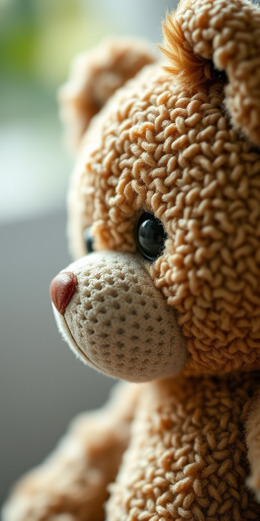 photorealistic image of a textured teddy bear toy, close-up view, natural light, ISO 100, f/2.8, 50mm lens, shallow depth of field, soft focus background