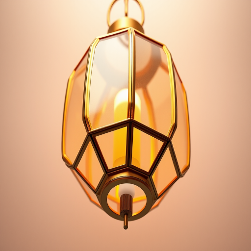 Create a 3D rendering of a hexagonal golden lantern with transparent panels, use a Canon EOS R5, aperture f/2.8, shutter speed 1/60s, ISO 100, 50mm lens, top-down view, soft lighting for a warm atmosphere.