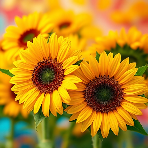 Generate a vibrant abstract background featuring sunflowers with high saturation and contrasting colors, using a Canon EOS R5 with a 50mm f/1.2 lens, ISO 100, aperture f/4, and a shallow depth of field for enhanced detail and richness in color.