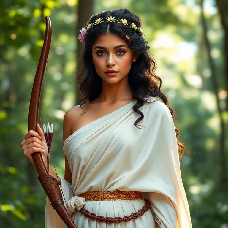 Create a portrait of a goddess-like Hispanic girl figure in a tranquil, forested environment. She has an elegant appearance with long, wavy hair styled in an updo and adorned with a delicate, floral headband. She wears a flowing, ancient Greek-inspired gown in a soft, pale color, featuring a one-shoulder design and draped fabric that accentuates her graceful form. The outfit includes a decorative belt with ornate gold detailing, and she holds a bow in her hand, with a quiver of arrows slung over her shoulder. The background depicts lush greenery, with sunlight filtering through the trees, casting a gentle, ethereal light on the scene. Her expression is calm and contemplative, embodying a sense of wisdom and serenity.