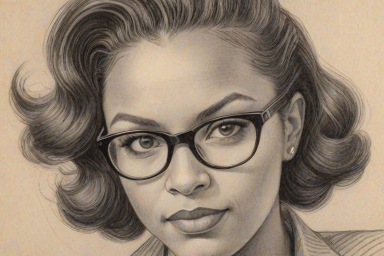 Resplendent Mekia Cox, pencil sketch, portrait of Sublime woman 1937s in glasses, hair style beatnik, outline, clear lines, fine lines, 8k