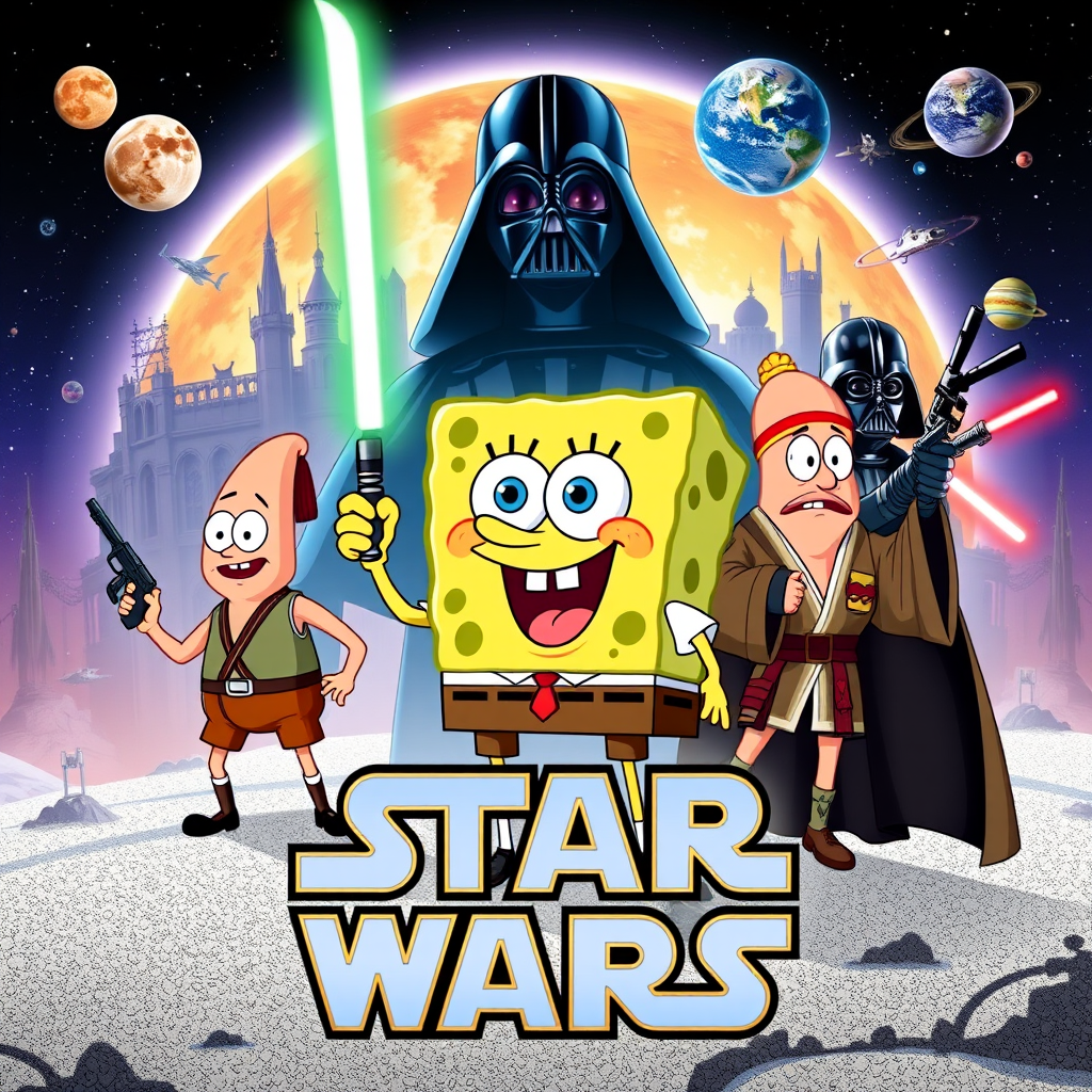 Create a parody of the Star Wars poster with SpongeBob as Luke Skywalker, holding a glowing spatula like a lightsaber. Patrick Star takes the role of Han Solo, holding a blaster, while Squidward is Obi-Wan Kenobi, draped in robes. In the background, Plankton appears as Darth Vader, with Bikini Bottom’s landmarks reimagined as spaceships and planets. The iconic Star Wars logo is swapped for "Sponge Wars," creating a playful, sci-fi adventure scene.