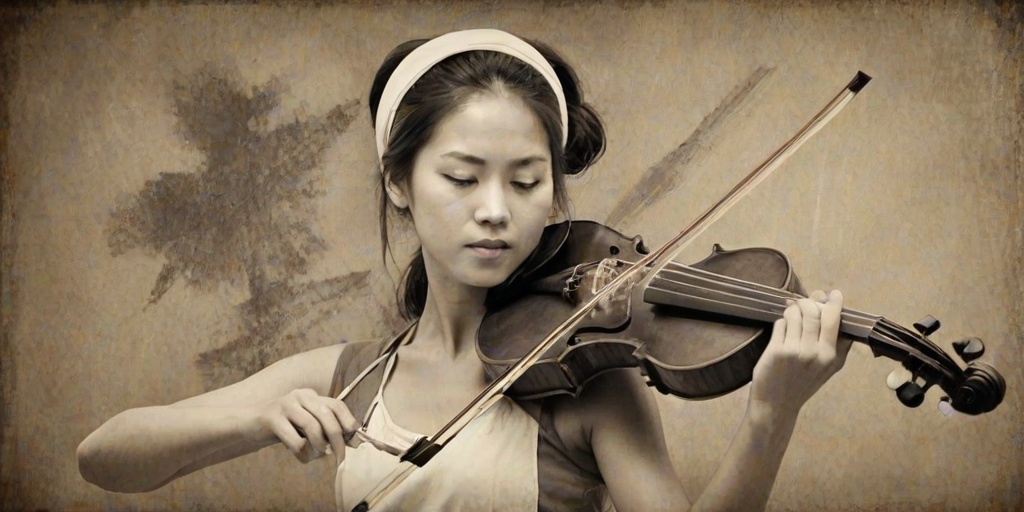 a young Ryukyuan woman with a white headband playing a violin, in the style of a charcoal drawing, sepia grunge background