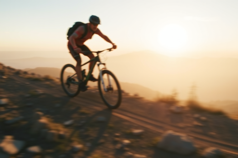 Blurry action shot of a mountain biker navigating a rocky trail at sunrise, soft golden light casting long shadows on the ground, with distant peaks barely visible through the morning mist.
