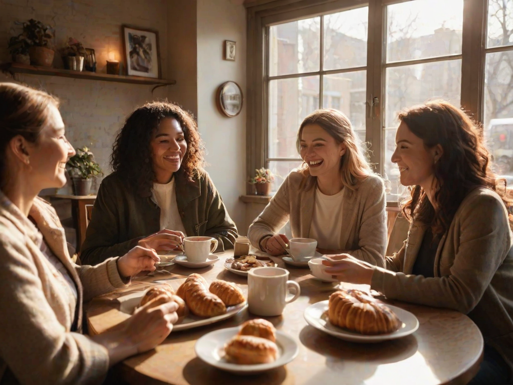 Warm, softly lit image of a group of friends sitting around a table in a cozy cafe, soft chatter and laughter filling the air, sunlight streaming through the windows, coffee cups and plates of pastries scattered on the table, a sense of warmth and friendship.