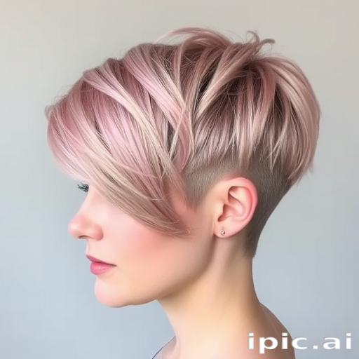 Ethereal rose gold pixie undercut with a long textured top, styled in piece-y layers with a soft side-swept fringe and shimmering metallic undertones