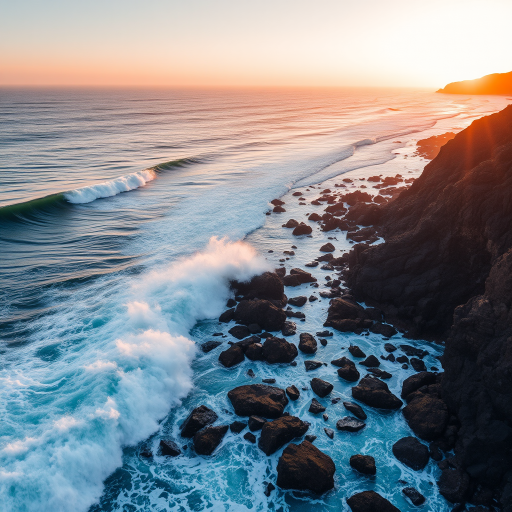 aerial view of crashing ocean waves against rocky shore at sunrise, high resolution, f/8 aperture, ISO 100, 1/200s shutter speed, drone photography, DJI Mavic 3