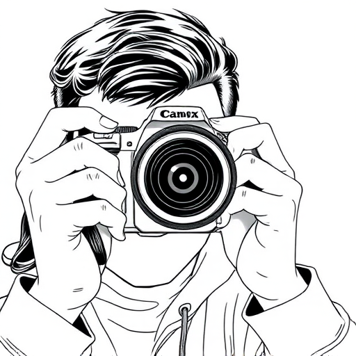 Create a high-resolution illustration of a person taking a photograph with a modern DSLR camera in a close-up view, using a 50mm lens, aperture set at f/1.8 for shallow depth of field, ISO 100, and shutter speed of 1/200s, styled in a minimalistic and clean line art format, focusing on the details of the camera and the person's pose.