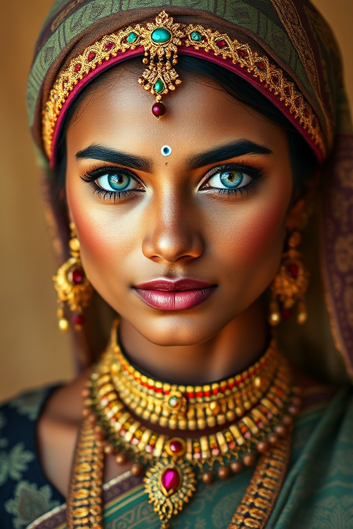 Create a portrait of a beautiful Sri Lankan woman with striking cyan eyes and a gentle expression. She is adorned in traditional attire with intricate patterns, including a richly embroidered headscarf and matching garments. Her jewelry includes a delicate headpiece, dangling earrings, and ornate bracelets, all featuring vibrant gemstones and detailed metalwork. The background is soft and warm, enhancing the rich colors of her outfit and jewelry.