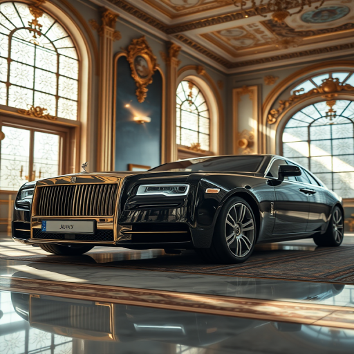 High-resolution image of a luxury car parked in an opulent, well-lit room with intricate gold details, soft sunlight streaming through large windows, ISO 200, f/8, 1/60s, wide-angle view, DSLR style.