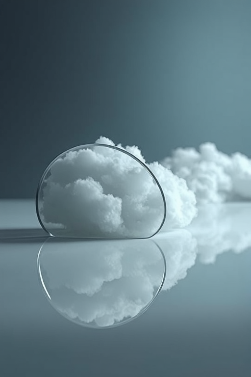 Create a surreal image of fluffy white clouds encased in reflective, curved glass shapes on a smooth, glossy surface, captured with a Canon EOS R5, 50mm lens, f/1.8, ISO 100, and a shallow depth of field to emphasize clarity and detail in a moody, soft-focus background.