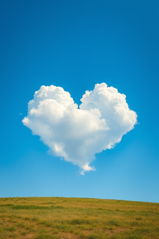 Create a heart-shaped cloud formation against a bright blue sky, captured with a Canon EOS R5, 24mm lens, f/8 aperture, 1/200 sec shutter speed, ISO 100, in a landscape view with a vibrant color enhancement.