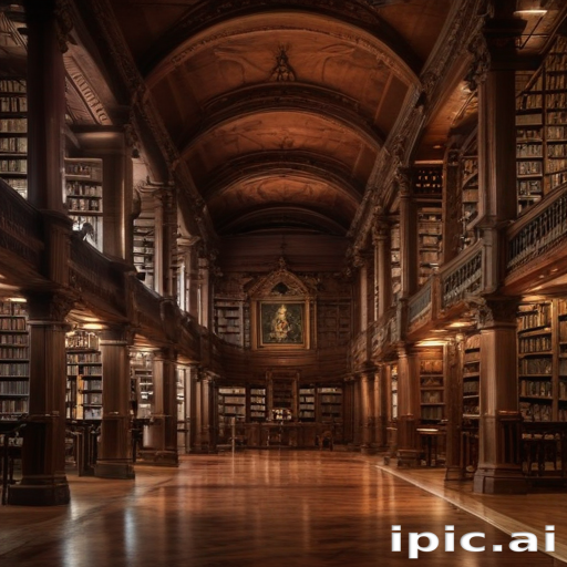 A Majestic Library Interior Featuring Towering Shelves and Elegant ...