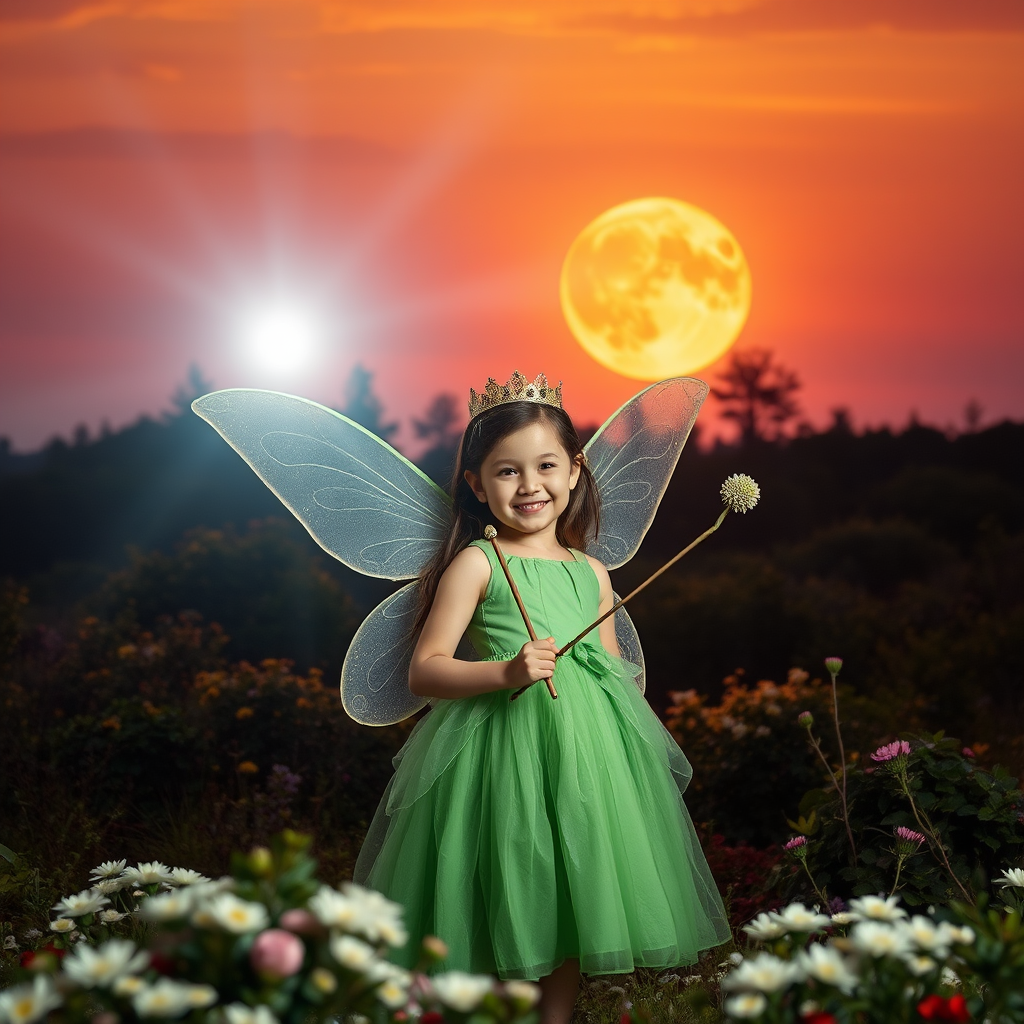 A vivid photo  taken under a bright camera flash of a fantastical scene set against a backdrop of a forest during sunset. The main subject is a girl dressed as a fairy, adorned with translucent wings and a green dress, holding a wand, her face is happy, and she wears a crown on her head. The forest behind her is a blend of flowers, shrubs and trees. The sky is painted in hues of orange and pink, with a large, glowing moon casting a warm glow over the scene. The overall color palette is dominated by earthy tones.