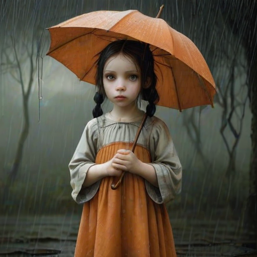 An eerie, weird little girl with dark hair in thin pigtails, wearing a smock dress, standing in the rain, holding a dirty orange umbrella, a small, odd creature beside her. In a surreal style inspired by Nicoletta Ceccoli and Brian Froud. Dark fantasy themes