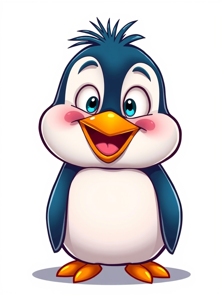 Create a colorful cartoon-style illustration of a cheerful penguin with exaggerated features, vibrant colors, and a playful expression, using a DSLR camera with a 50mm lens, f/1.8 aperture, ISO 100, and a shallow depth of field for a soft background.