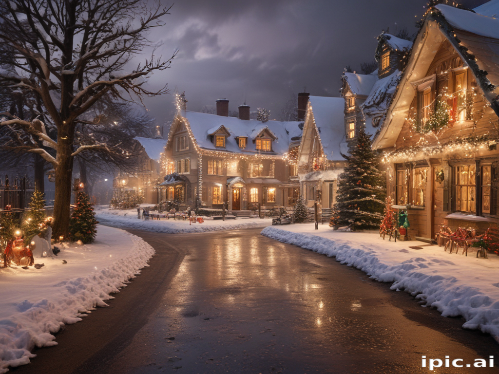 A Magical Winter Evening in a Charming Snow-Covered Village Street.