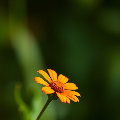 A close-up shot of a single orange flower with a blurred green background, taken with a DSLR camera at f/2.8 aperture, 50mm lens, ISO 100, natural lighting, shallow depth of field.