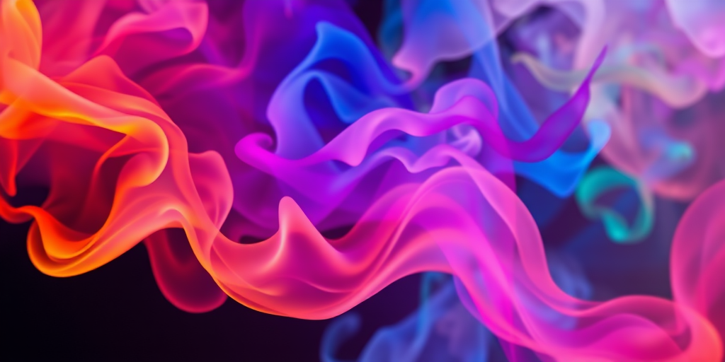 create a vibrant abstract image of colorful smoke in various hues, featuring smooth curves and human-like silhouettes, captured with a Canon EOS 5D Mark IV, 50mm f/1.8 lens, low light setting, ISO 100, f/8, using a soft focus style.