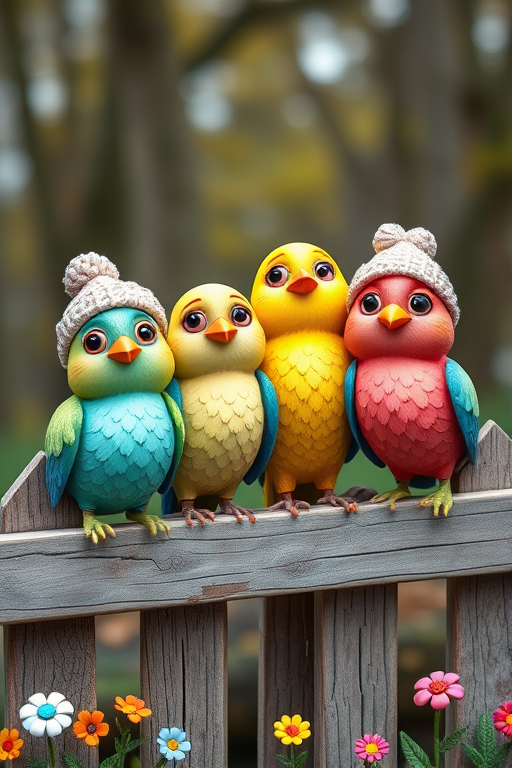 create a scene of 4 quirky  whimsical colourful comical birds each with a funny expression. they are sat on a wooden fence with colourful flowers. they are all different sizes. each one is a different colour  one is wearing a woolly hat. Each one has a different quirky google expression and there is a muted background of trees watercolour paintierly style high definition 8k resolution 3D paper mache