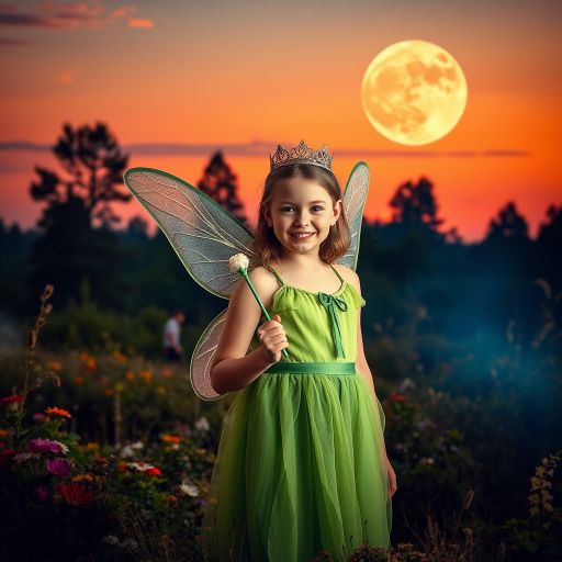 A vivid photo  taken under a bright camera flash of a fantastical scene set against a backdrop of a forest during sunset. The main subject is a girl dressed as a fairy, adorned with translucent wings and a green dress, holding a wand, her face is happy, and she wears a crown on her head. The forest behind her is a blend of flowers, shrubs and trees. The sky is painted in hues of orange and pink, with a large, glowing moon casting a warm glow over the scene. The overall color palette is dominated by earthy tones.