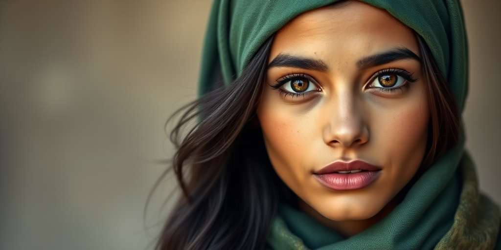 Create a portrait of a young Latino woman with long, dark hair and captivating hazel eyes. She is wearing a green headscarf and a matching scarf draped gracefully around her neck. The background is softly blurred, focusing attention on her serene and natural expression. The overall color palette is muted and warm, enhancing the intimate and authentic feel of the portrait.
