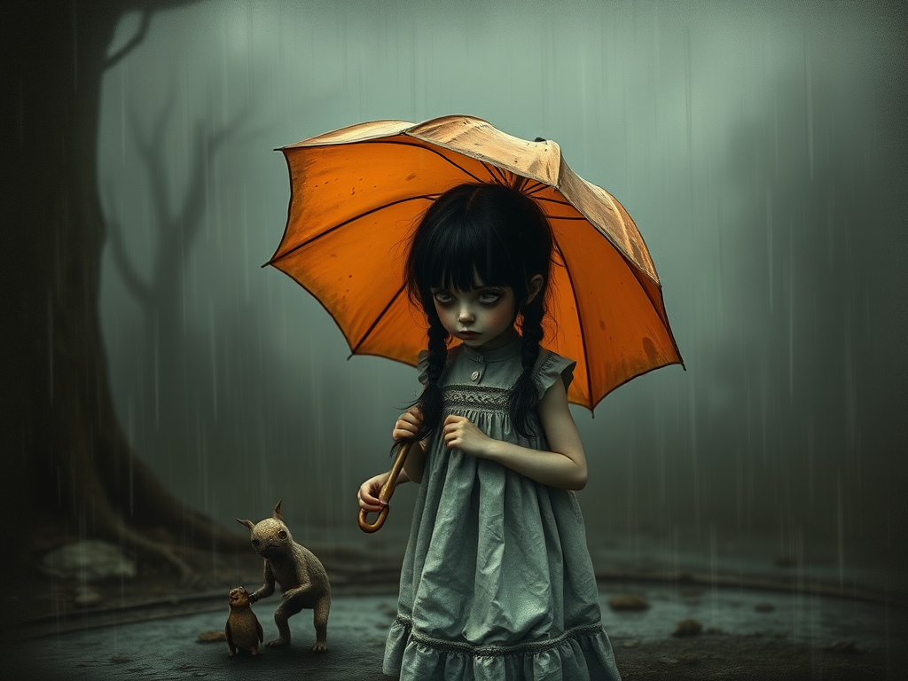 An eerie, weird little girl with dark hair in thin pigtails, wearing a smock dress, standing in the rain, holding a dirty orange umbrella, a small, odd creature beside her. In a surreal style inspired by Nicoletta Ceccoli and Brian Froud. Dark fantasy themes
