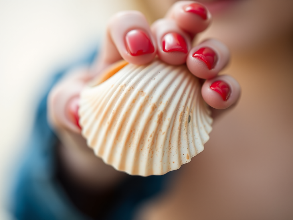 Close-up of a hand holding a seashell with red nail polish, shallow depth of field, f/2.8 aperture, 50mm lens, soft natural light, taken with a DSLR camera, focused on the shell with a blurred background.