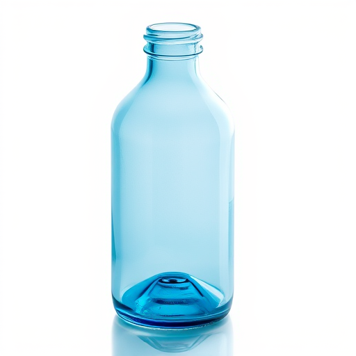 Create a highly detailed illustration of a transparent blue glass bottle, using a soft focus camera setting with a shallow depth of field, shot from a slightly elevated angle, employing a digital camera with a 50mm lens at f/1.8 to enhance image quality and clarity.