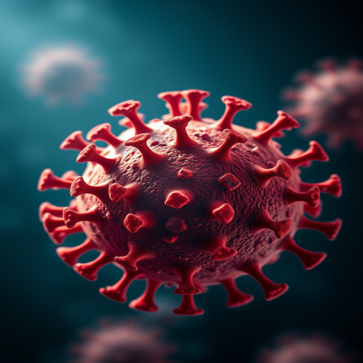 Create a highly detailed illustration of a red virus sphere with protruding spike proteins, symmetrical design, using a DSLR camera with a 50mm lens, aperture set at f/1.8, ISO 100, shot from a low angle with soft lighting to enhance the texture and color vibrancy.