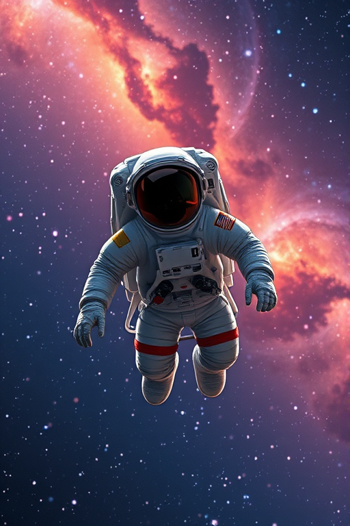 Create a highly detailed digital illustration of an astronaut floating in space with a vibrant galaxy in the background, using a wide-angle lens, f/2.8 aperture, ISO 100, and a Canon EOS R camera for enhanced clarity and depth.