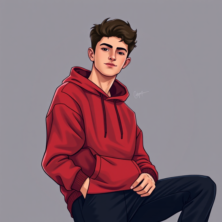 Generate a digital illustration of a young man casually leaning with one leg crossed over the other, wearing a red hoodie and black pants, shot in soft lighting with a shallow depth of field, using a Canon EOS R5 with a 50mm f/1.2 lens, at ISO 100, f/1.2, and 1/200s for enhanced clarity and detail.