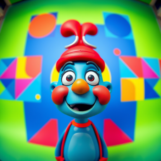 create a colorful cartoon character with a blue face and red hat speaking, using a vibrant background with geometric shapes, capture with a DSLR camera at f/8 aperture, ISO 100, 35mm lens, in a bright studio setting, with a slight fish-eye effect for an exaggerated perspective