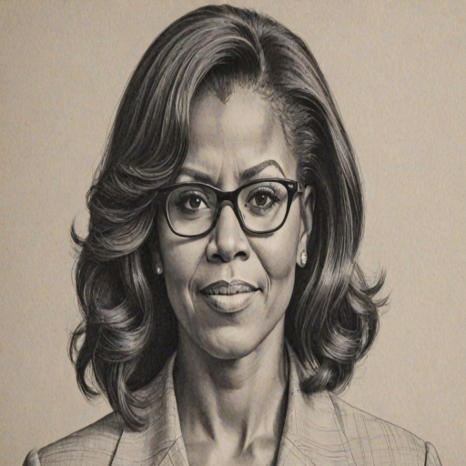 Stunning Michelle Obama, pencil sketch, portrait of Attractive woman 1953s in glasses, hair style beatnik, outline, clear lines, fine lines, 8k