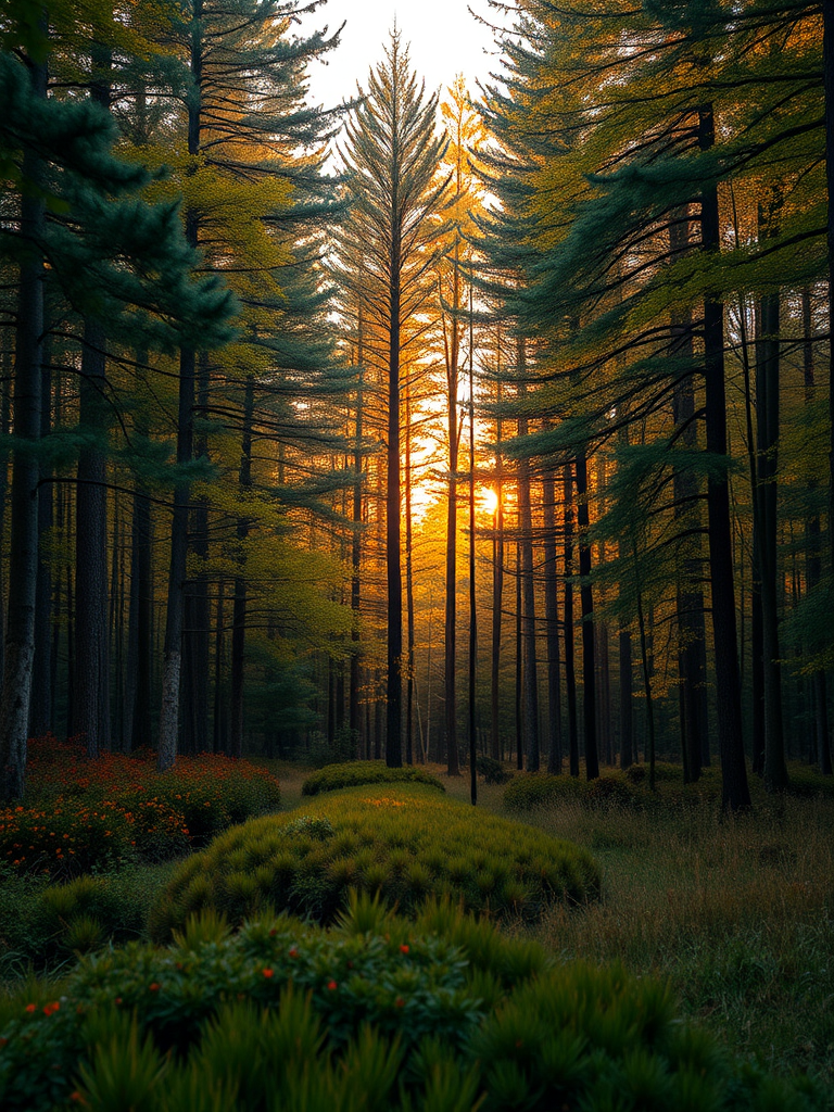 Create a high-resolution image of a serene forest landscape during the golden hour, with vibrant colors and soft lighting, captured using a Canon EOS 5D Mark IV, 50mm lens, aperture f/2.8, ISO 100, with a slight tilt to add depth, and a wide-angle view for an expansive perspective.
