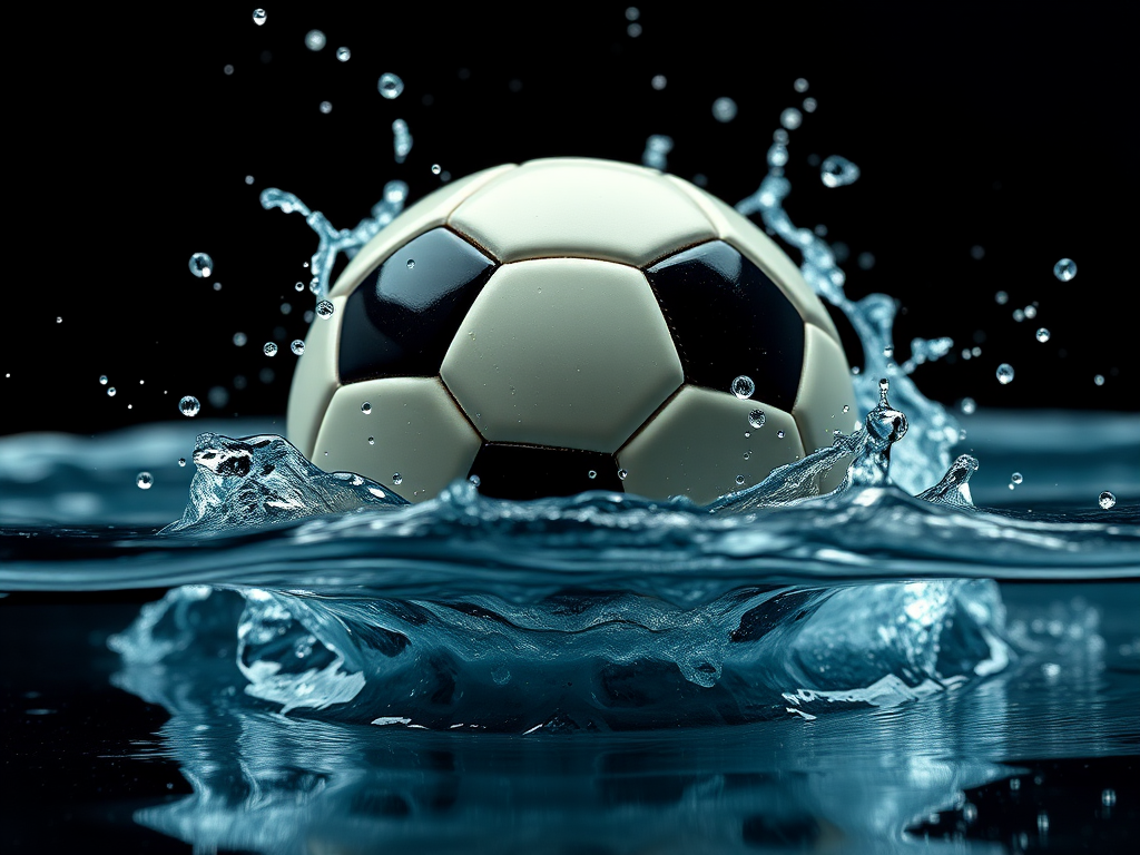 Create an image of a soccer ball splashing into water with high-speed capture, using a DSLR camera at 1/1000s shutter speed, f/2.8 aperture, ISO 200, from a low angle view, in a studio setup with dark background.