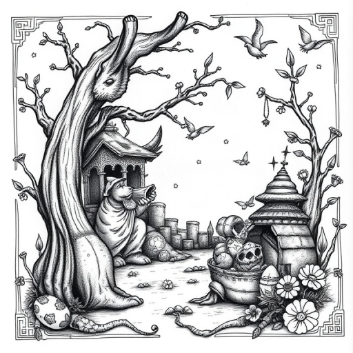 Illustrative black and gray tattoo named "Storyteller's Ink" depicting a narrative scene with intricate details and shading, resembling a page from a vintage storybook with hidden Easter eggs and symbolic elements throughout