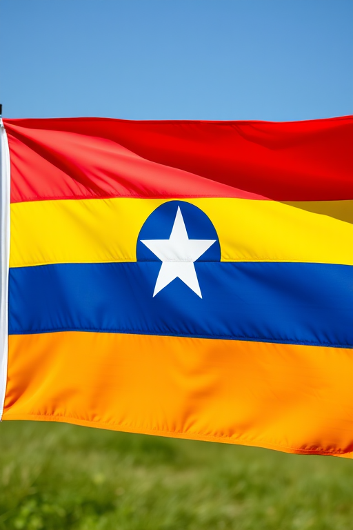 Create a high-resolution image of the Colombian flag featuring horizontal stripes of yellow, blue, and red with a central circle containing a white star, shot with a DSLR camera set to f/8, ISO 100, and a focal length of 50mm, in a clear outdoor setting for vibrant colors and sharp details.