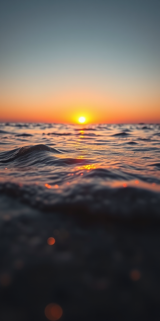 capture a serene sunset over a calm ocean with shimmering waves reflecting golden light on the wet sand using a DSLR camera with a 50mm lens at f/1.8, ISO 200, shutter speed 1/200 sec, shot from a low angle to emphasize the water's surface and create a dreamy bokeh effect