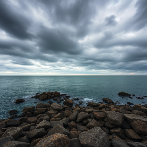 regenerate an image of a dramatic seascape with dark, moody clouds over calm waters and scattered rocks in the foreground, use a Canon EOS R5 camera, aperture f/8, shutter speed 1/125s, ISO 200, wide-angle lens 16mm, soft focus style, landscape orientation