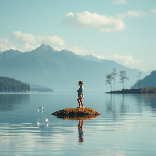 Create a serene landscape featuring a child standing on a small island surrounded by water, with mountains in the background and stylized trees, captured in a soft-focus style with a Canon EOS R5, 50mm lens, f/1.8, ISO 100, 1/200 sec, using a wide-angle view to emphasize the bubble effect and reflections in the water.