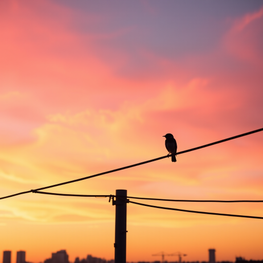 Sharp, high-contrast photo of a lone bird perched on a telephone wire against a vivid sunset sky, soft pinks and oranges blending in the background, distant city skyline barely visible, and a sense of quiet observation.