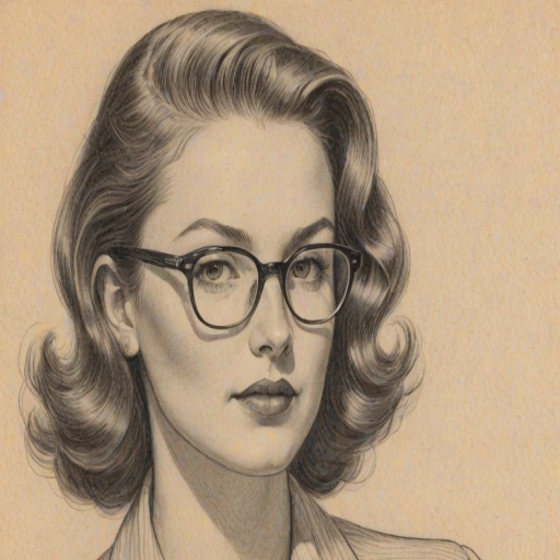 Magnificent Martha MacIsaac, pencil sketch, portrait of Enticing woman 1946s in glasses, hair style beatnik, outline, clear lines, fine lines, 8k