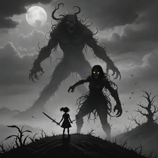 Fight your fears illustration of black and white minimalist of a little girl standing on a hill, raising a sword in hand, she is facing a large menacing creature with large head, sharp teeth and sharp claws, its body is made of vines and roots. The background is a cloudy sky with a hint of smoke or fog. The overall mood of the image is dark and eerie.