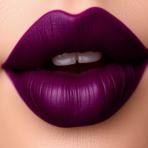 Deep plum lips with a satin-matte finish, titled "Midnight Orchid," boasting rich pigmentation and a smooth, velvety feel for dramatic allure