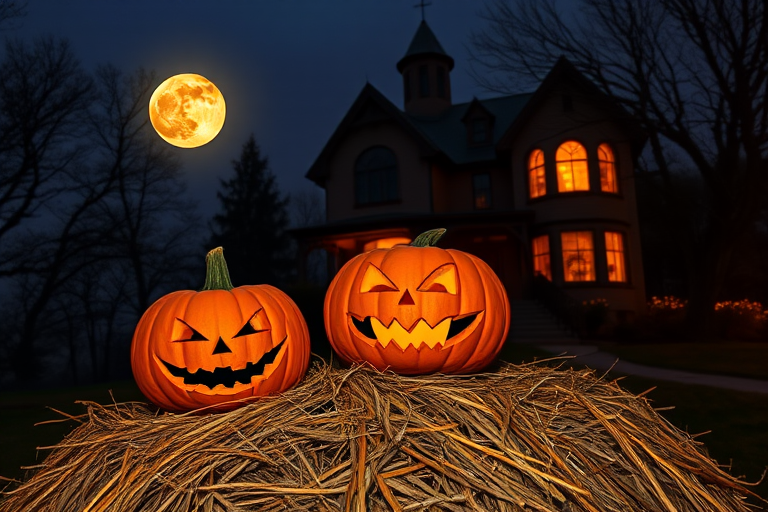 Halloween scene with a full moon, a haunted house illuminated from within, two carved pumpkins with menacing grins on a haystack, twilight setting, ISO 200, f/8 aperture, 24mm lens, DSLR camera, HDR photography style.