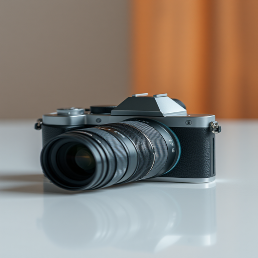 Create a high-resolution image of a modern camera in a minimalist design, shot from a slightly elevated angle, using a 50mm lens at f/1.8, ISO 200, shutter speed 1/125 sec, with a soft focus background.